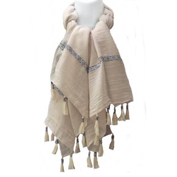 NEW - Scarf with Tassels & Trim- Sandstorm Beige - Picture 4 of 4